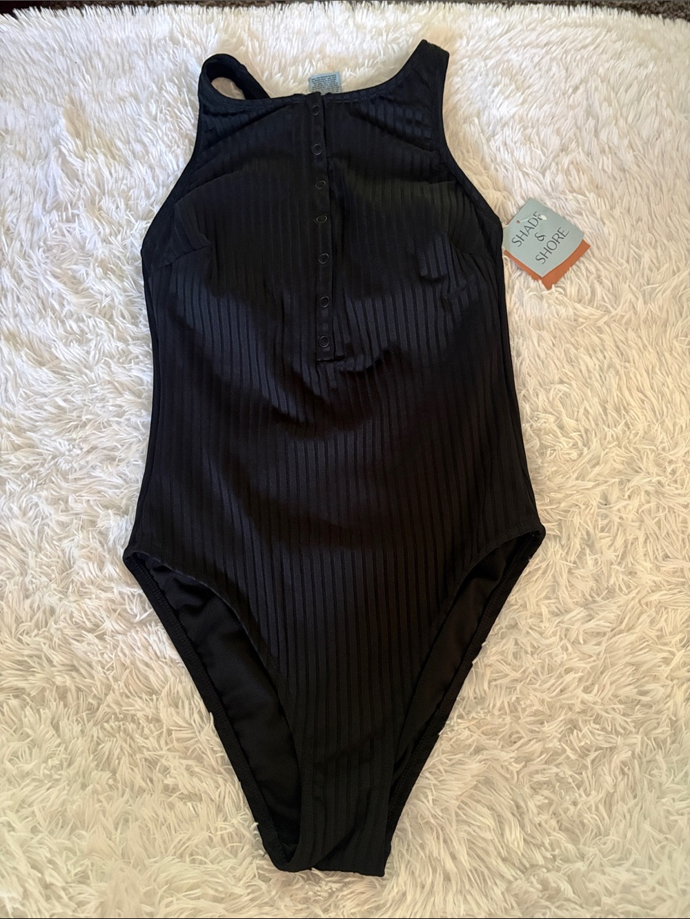 NWT Shade & Shore Black Ribbed High Neck Button Front Racer Back Swimsuit Size S